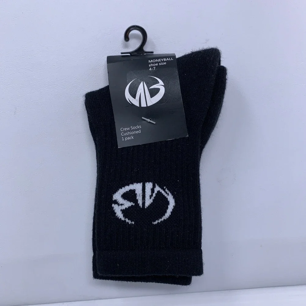 Moneyball Youth Sz 4-7 Black Cushioned Logo Athletic Crew Socks NWT
